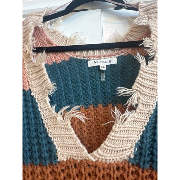 Miracle Multicolor Block Stripe Chunky Knit Fray Boho Sweater - Picture 5 of 7